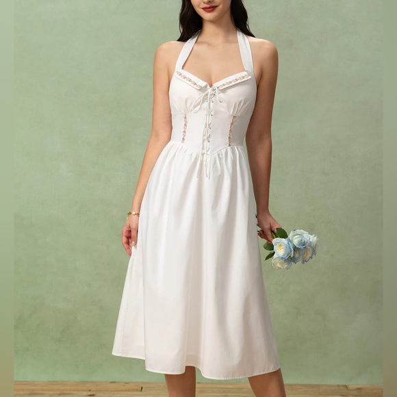 RIHOAS Dresses & Skirts - Rihoas White Embroidery A-Line Halter Midi Dress